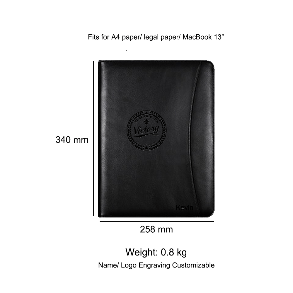 Vegan Leather Portfolio with Cipboard, Zipper Leather Padfolio for Legal Paper/ A4 Letter Size Paper/ MacBook 13", Gift (Black/ Brown)