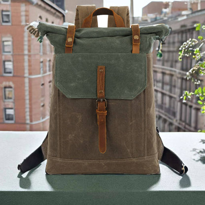 Canvas + Leather Hiking Backpack, Travel Backpack for Men, Leather Outdoor Bag, Gift for Men