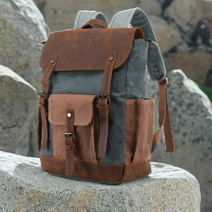 Canvas + Leather Travel Backpack, Hiking Backpack for Men, Leather Outdoor Bag, Gift for Men