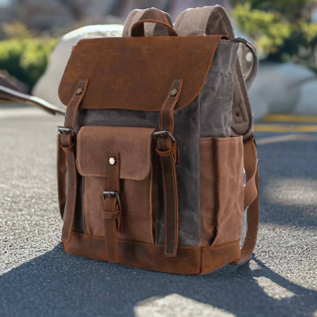 Canvas + Leather Travel Backpack, Hiking Backpack for Men, Leather Outdoor Bag, Gift for Men