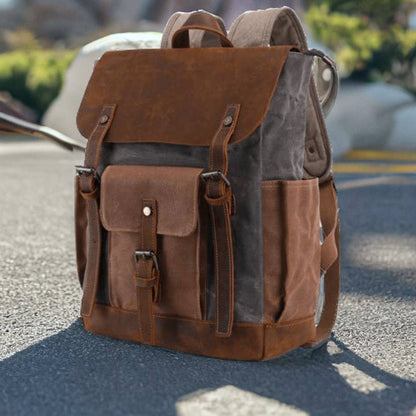 Canvas + Leather Travel Backpack, Hiking Backpack for Men, Leather Outdoor Bag, Gift for Men