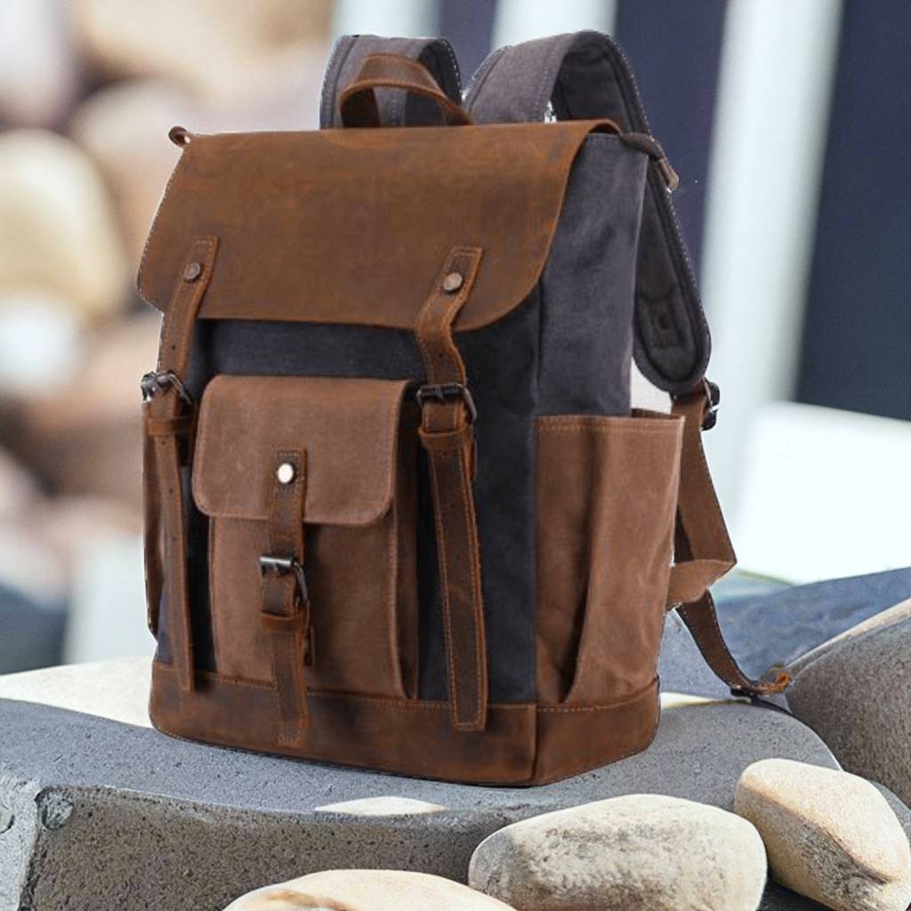 Canvas + Leather Travel Backpack, Hiking Backpack for Men, Leather Outdoor Bag, Gift for Men