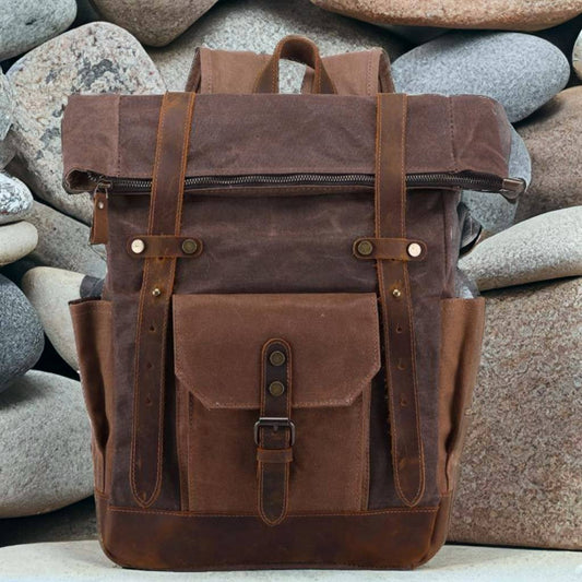 Canvas Leather Travel Backpack, Hiking Backpack for Men, Leather Outdoor Bag, Gift for Men