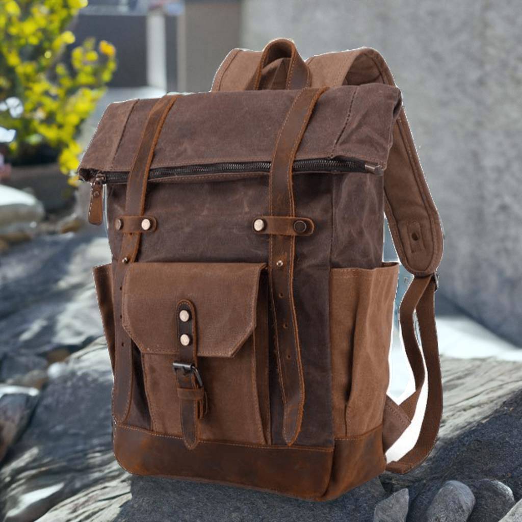 Canvas Leather Travel Backpack, Hiking Backpack for Men, Leather Outdoor Bag, Gift for Men