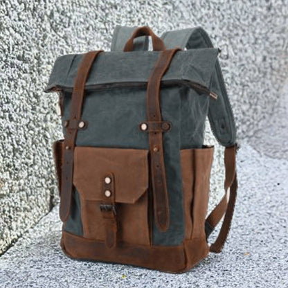 Canvas Leather Travel Backpack, Hiking Backpack for Men, Leather Outdoor Bag, Gift for Men