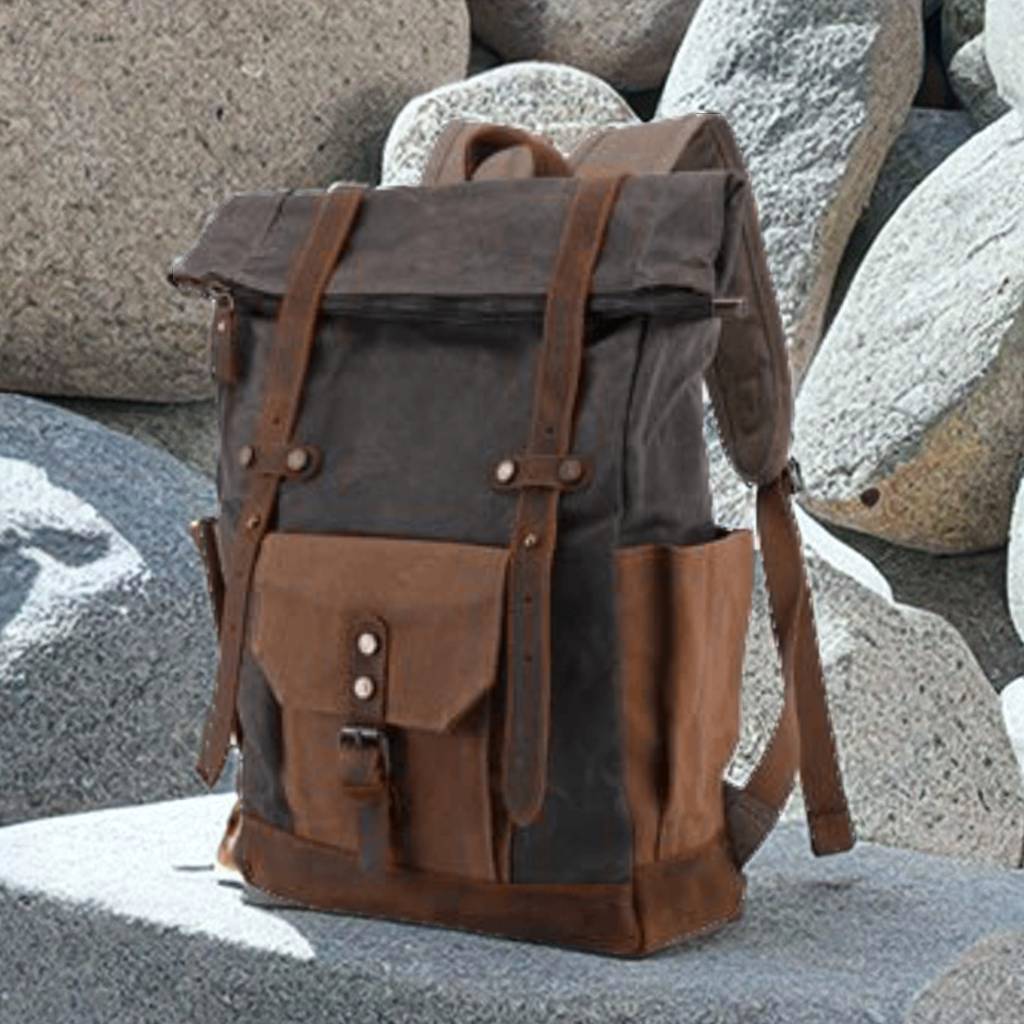 Canvas Leather Travel Backpack, Hiking Backpack for Men, Leather Outdoor Bag, Gift for Men