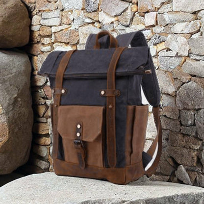 Canvas Leather Travel Backpack, Hiking Backpack for Men, Leather Outdoor Bag, Gift for Men