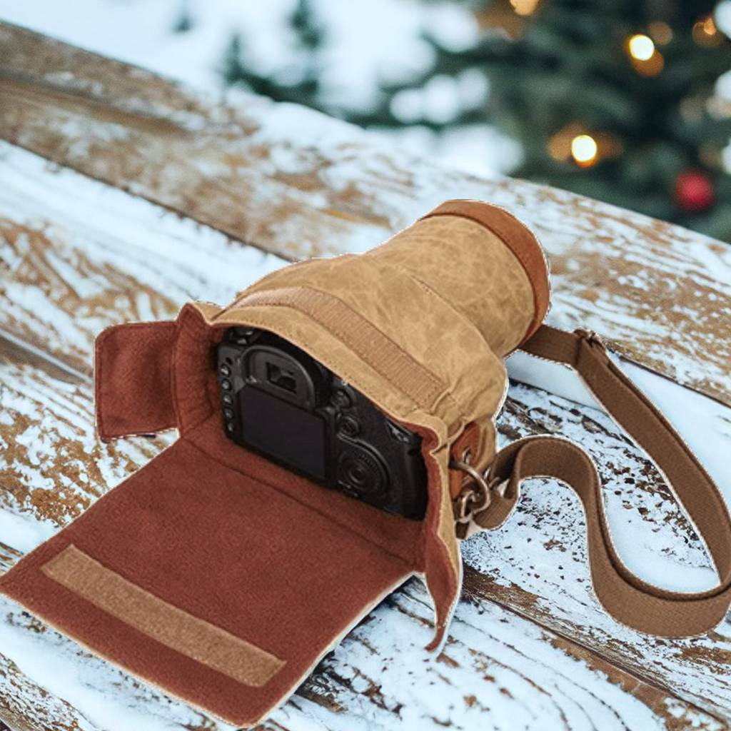 Canvas + Crazy Horse Leather Camera Bag with Strap, Camera Holder, Camera Pocket, Gift for Him