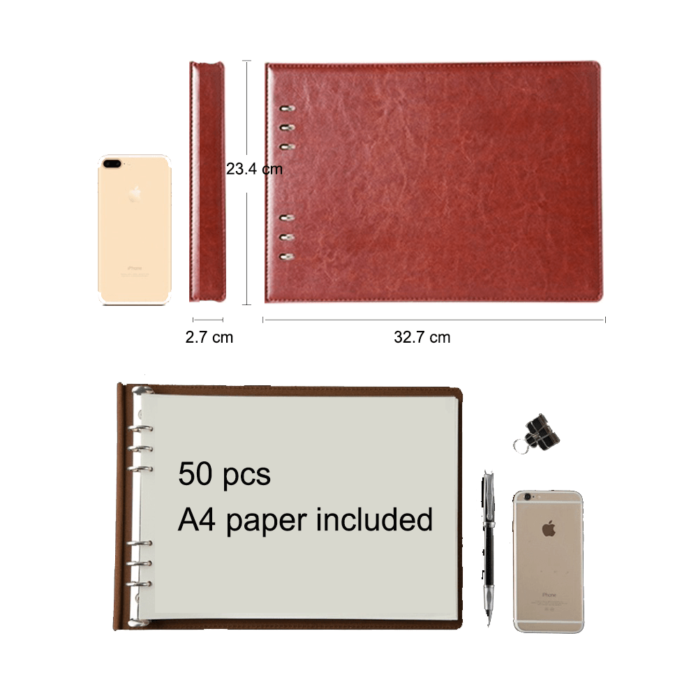 Custom Leather A4 Portfolio with 6 Ring Binder, Leather Check Book Folder, Notebook Holder, 50 pcs A4 Paper Included, Business Gift