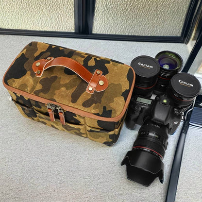 Camo Canvas Camera Bag with Leather Handle, Camera Holder Pouch with 5 Division Slot Pocket, Travel Dopp Kit, Gift for Him