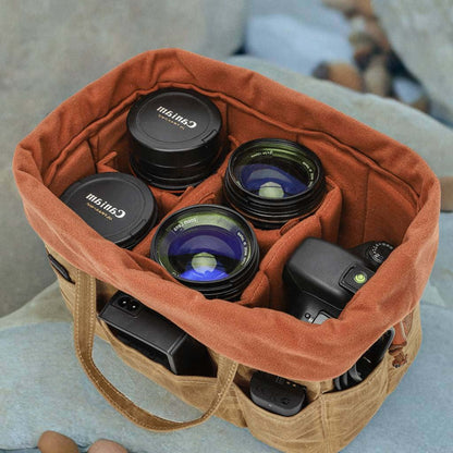 Canvas + Leather Camera Bag with Handle, Camera Holder Pouch with 5 Division Slot Pocket, Travel Dopp Kit, Gift for Him