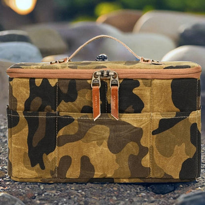 Camo Canvas Camera Bag with Leather Handle, Camera Holder Pouch with 5 Division Slot Pocket, Travel Dopp Kit, Gift for Him