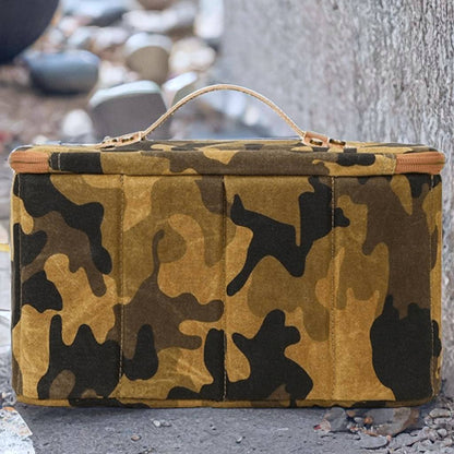 Camo Canvas Camera Bag with Leather Handle, Camera Holder Pouch with 5 Division Slot Pocket, Travel Dopp Kit, Gift for Him