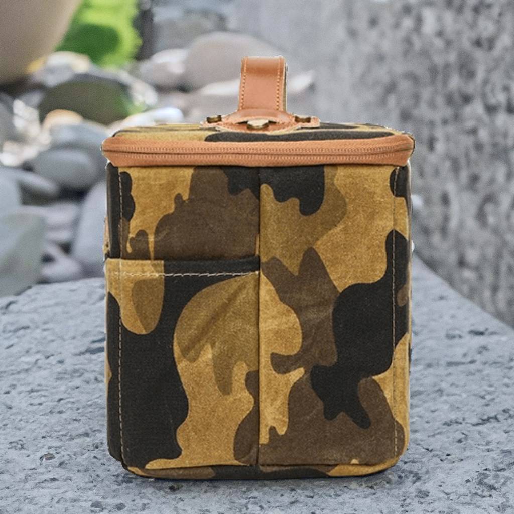 Camo Canvas Camera Bag with Leather Handle, Camera Holder Pouch with 5 Division Slot Pocket, Travel Dopp Kit, Gift for Him