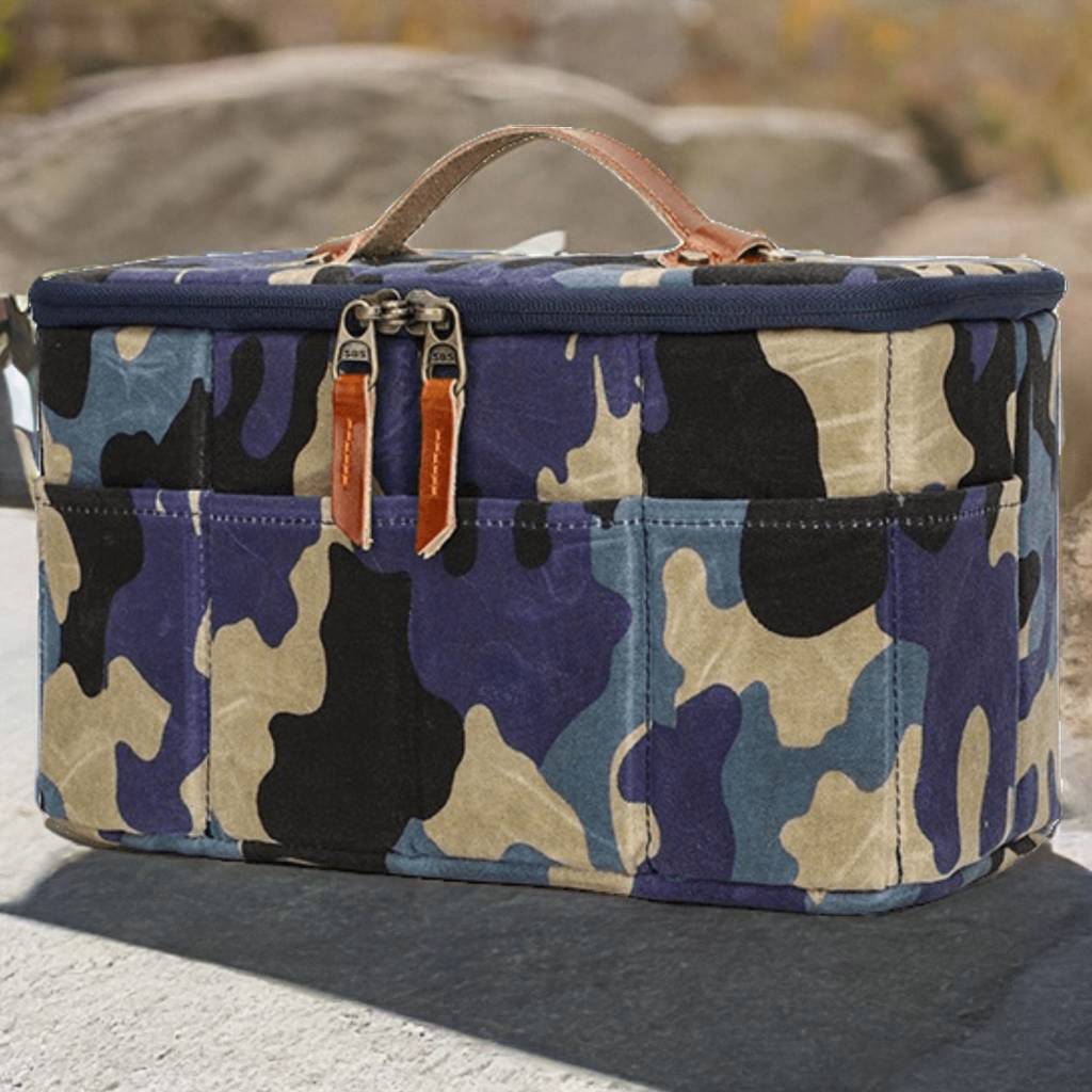 Camo Canvas Camera Bag with Leather Handle, Camera Holder Pouch with 5 Division Slot Pocket, Travel Dopp Kit, Gift for Him