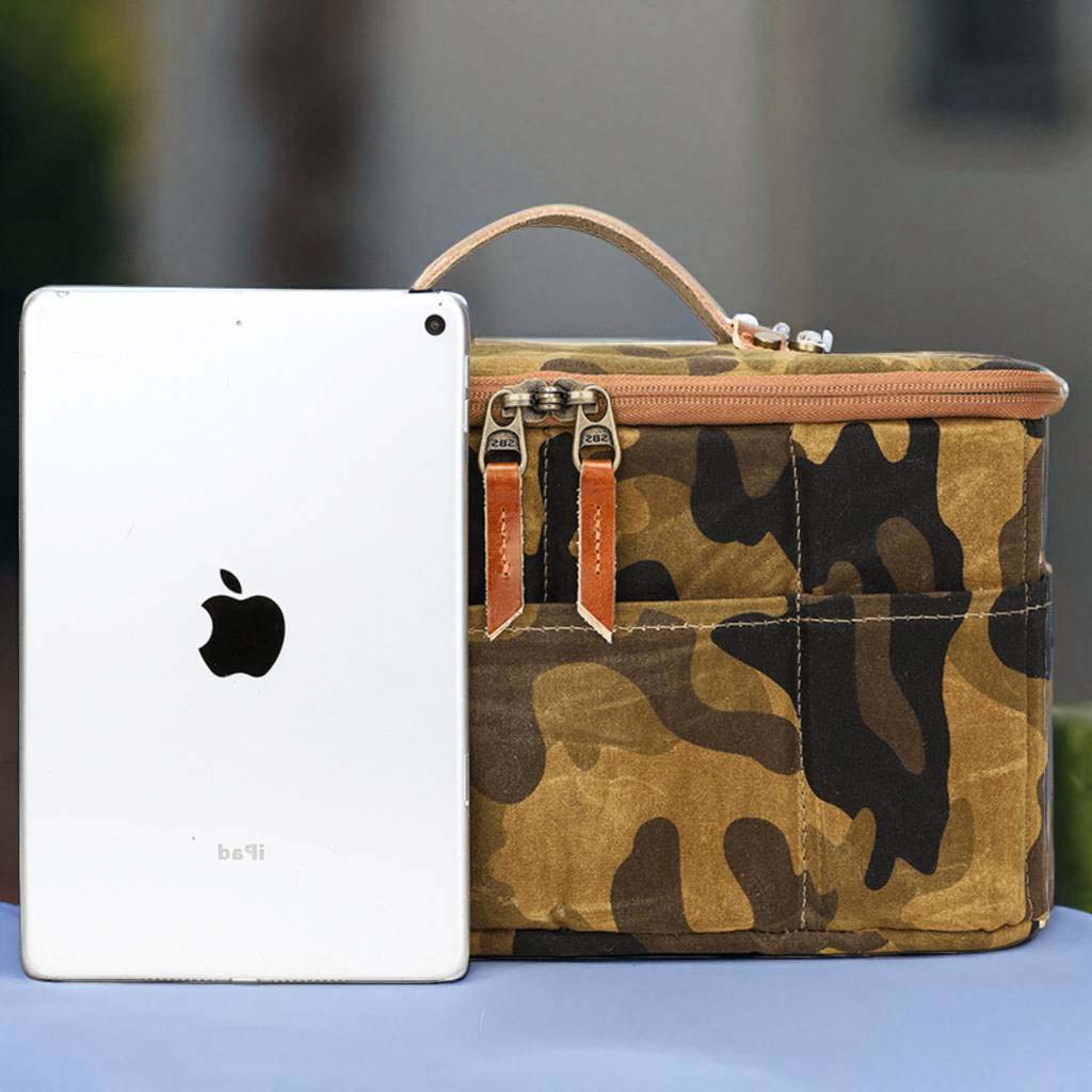 Camo Canvas Camera Bag with Leather Handle, Camera Holder Pouch with 5 Division Slot Pocket, Travel Dopp Kit, Gift for Him