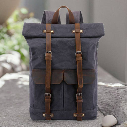 Canvas + Leather Hiking Backpack, Travel Backpack for Men, Leather Outdoor Bag, Canvas Carry-on Luggage, Gift for Men