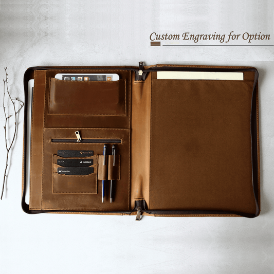 Personalized Genuine Leather Portfolio, A4 Padfolio, Business Organizer for Letter Size Notepad, Fits for 13 inch MacBook Pro, Gift