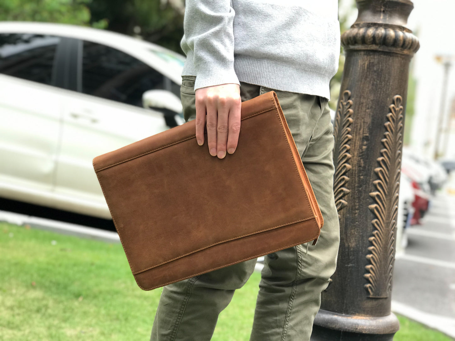 Genuine Leather Portfolio, Zipper Business Organizer, Padfolio for Legal Paper/ A4 Size Notepad/ MacBook, Business Gift for Men