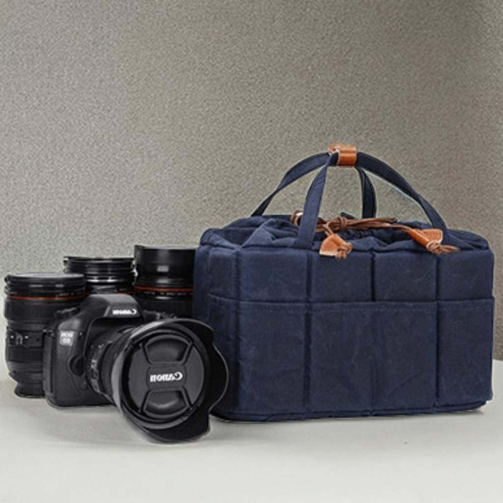 Canvas + Leather Camera Bag with Handle, Camera Holder Pouch with 5 Division Slot Pocket, Travel Dopp Kit, Gift for Him