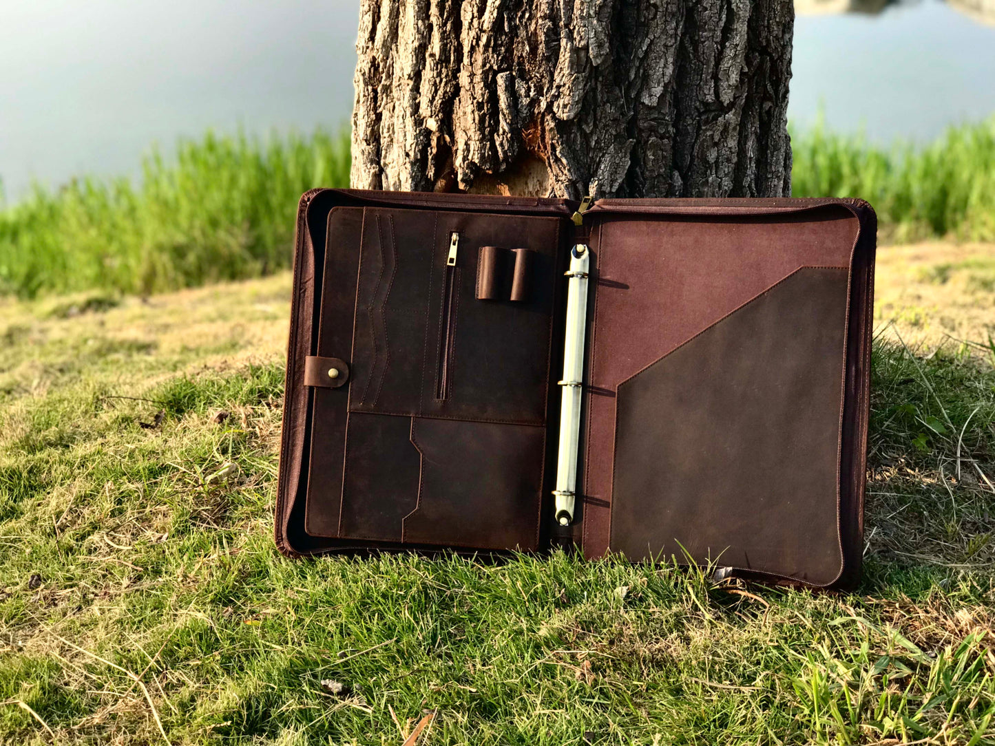 Personalized Genuine Leather 3 Ring Binder, A4 Size Leather Portfolio, Letter Size Zipper Business Organizer, Gift for Him (Tan/Dark Brown)