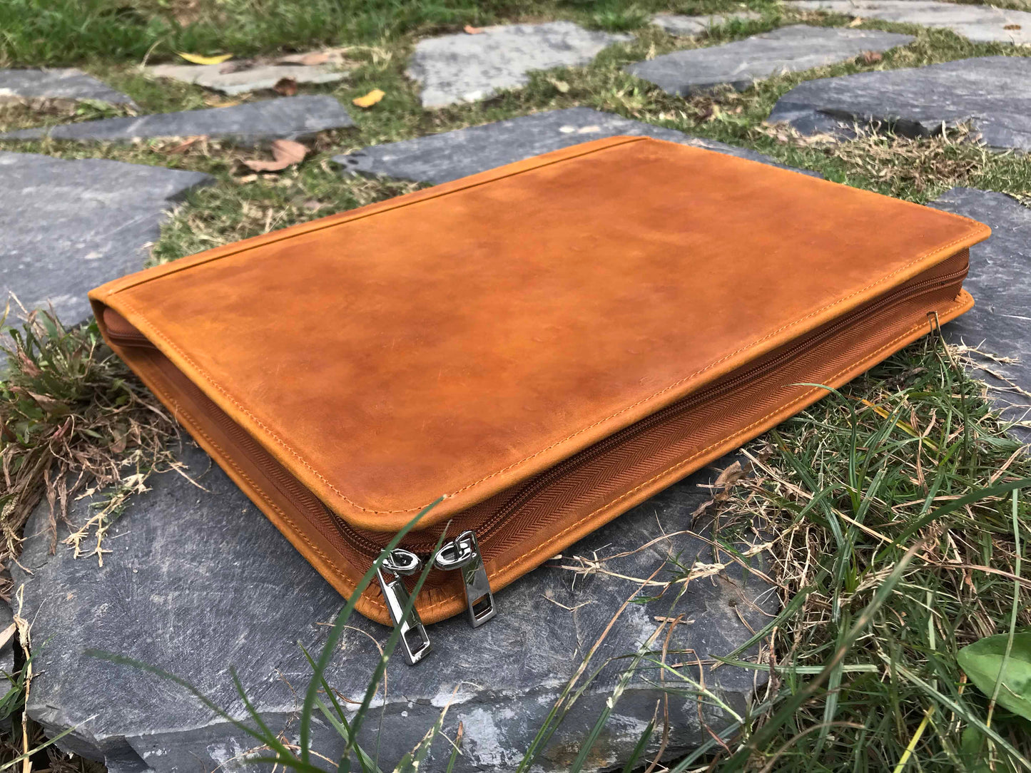 Personalized Genuine Leather 3 Ring Binder, A4 Size Leather Portfolio, Letter Size Zipper Business Organizer, Gift for Him (Tan/Dark Brown)