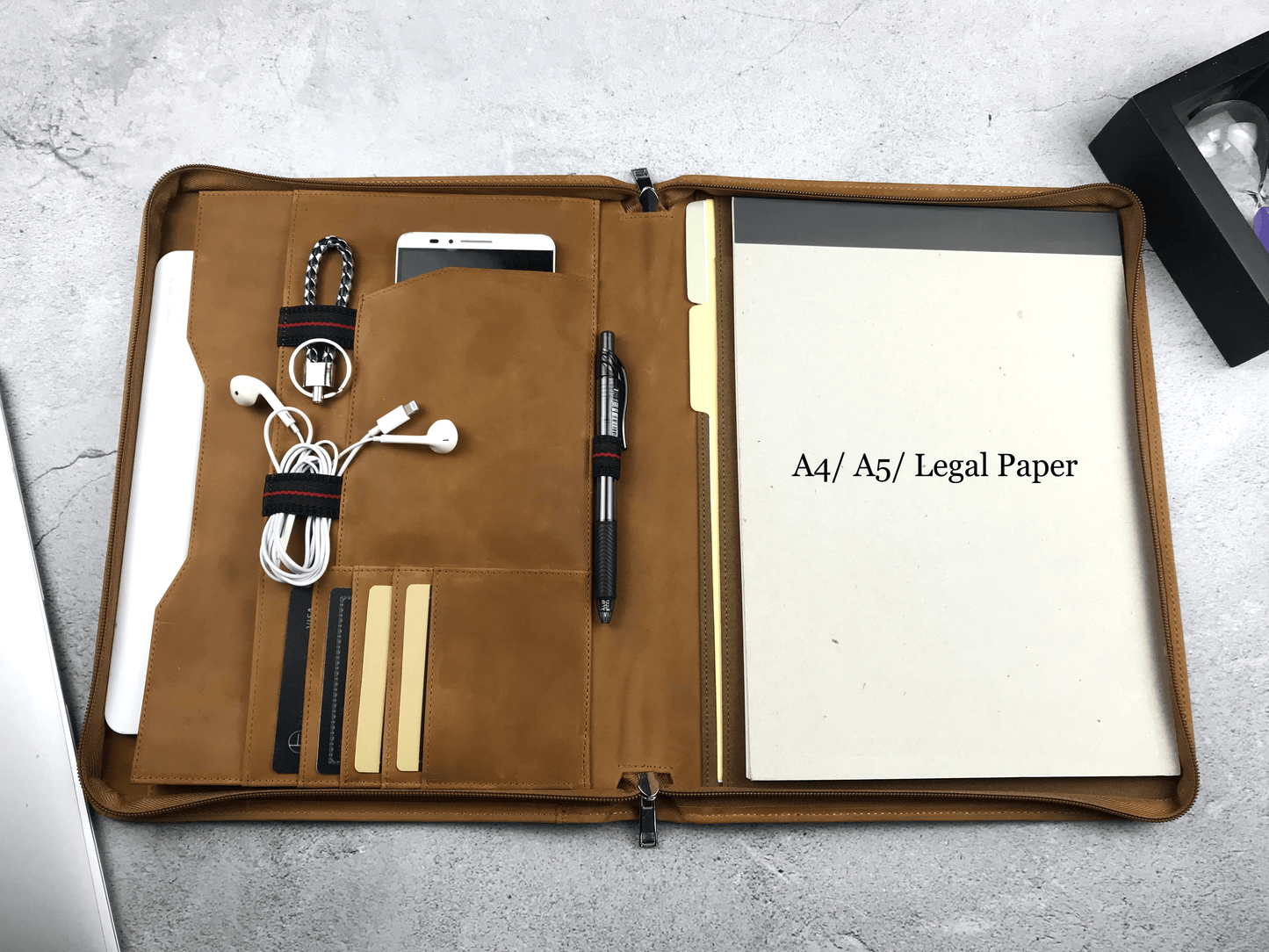 Genuine Leather Portfolio, Zipper Padfolio for Legal Paper/ A4 Letter Size Notepad/ iPad Pro 12.9", Gift for Him/ Her