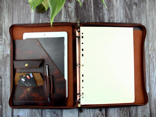 Vintage 3 Ring Binder Leather Padfolio, Letter Size Zippered Business Organizer, Notepad Holder, Birthday Gift (Brown)