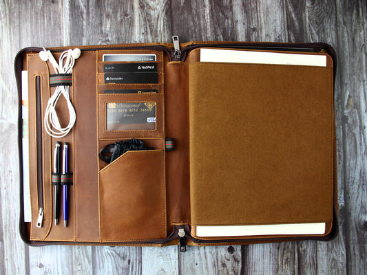 Vintage Monogrammed Zipper Leather Portfolio,A4 Size Document Holder, Leather Tablet Case, iPad Holder, Clipboard Padfolio, Gifts (Brown)