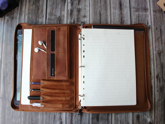 Vintage Genuine Leather 3 Ring Binder Portfolio, Leather Holder for A4/ Legal Pad/Notepad Padfolio, Business Gift for Him (Tan/ Dark Brown)