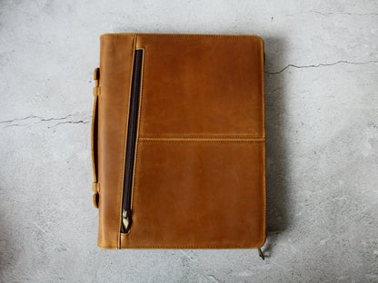 Personalised Zipper Crazy Horse Leather A4 Padfolio with Handle, Portfolio Fits Up for 12.9" iPad, Document Planner