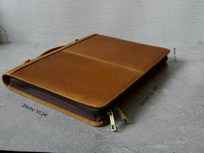 Personalised Zipper Crazy Horse Leather A4 Padfolio with Handle, Portfolio Fits Up for 12.9" iPad, Document Planner