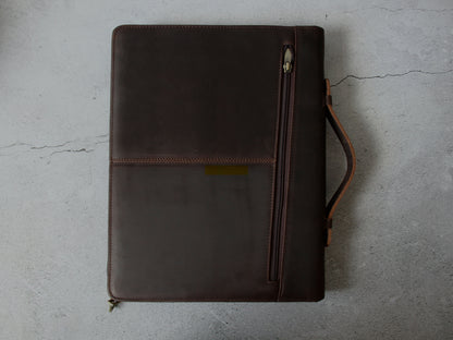 Personalised Zipper Crazy Horse Leather A4 Padfolio with Handle, Portfolio Fits Up for 12.9" iPad, Document Planner