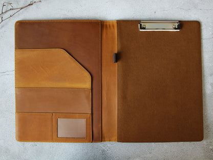 Handmade Crazy Horse Leather Clipboard Portfolio, Notebook Holder, A4 File Folder, Business Notepad Folio Letter Size