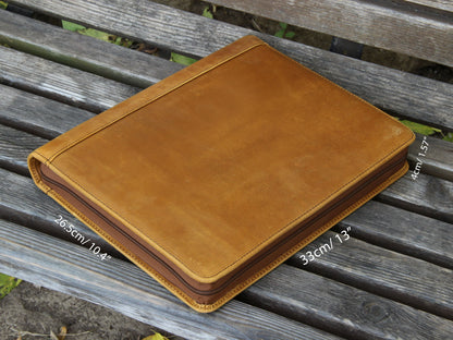 Handmade Retro-look Leather Portfolio with Notepad Holder, A4 Zipper Padfolio for 12.9 inch iPad Pro, Custom Gift for Him