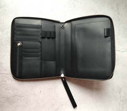 A5 Genuine Leather Portfolio with Strap, A5 File Folder, Black A5 Leather Portfolio, Note Holder