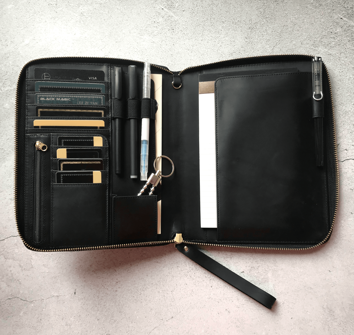 A5 Genuine Leather Portfolio with Strap, A5 File Folder, Black A5 Leather Portfolio, Note Holder