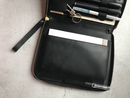 A5 Genuine Leather Portfolio with Strap, A5 File Folder, Black A5 Leather Portfolio, Note Holder