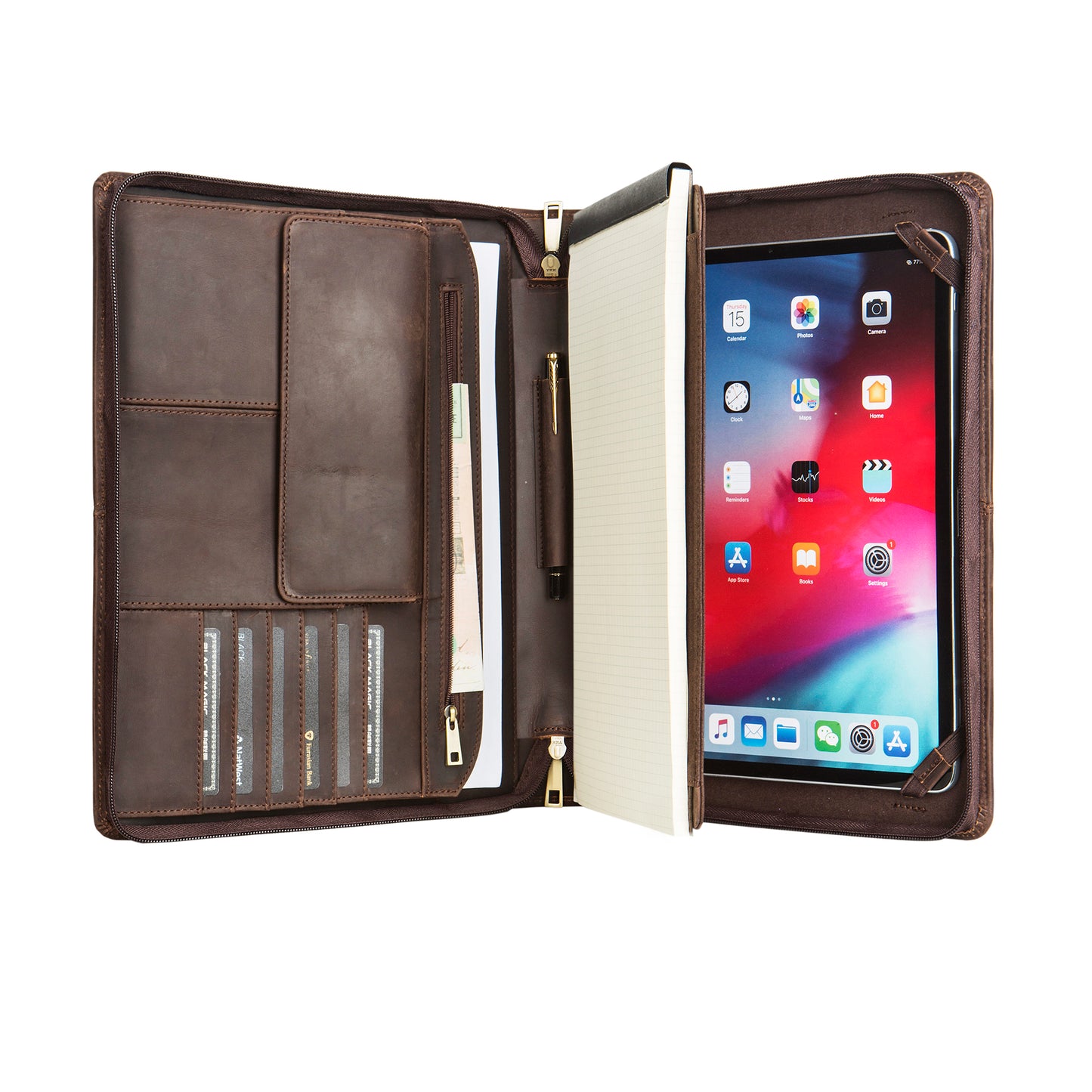 Personalised Zipper Crazy Horse Leather A4 Padfolio with Handle, Portfolio Fits Up for 12.9" iPad, Document Planner