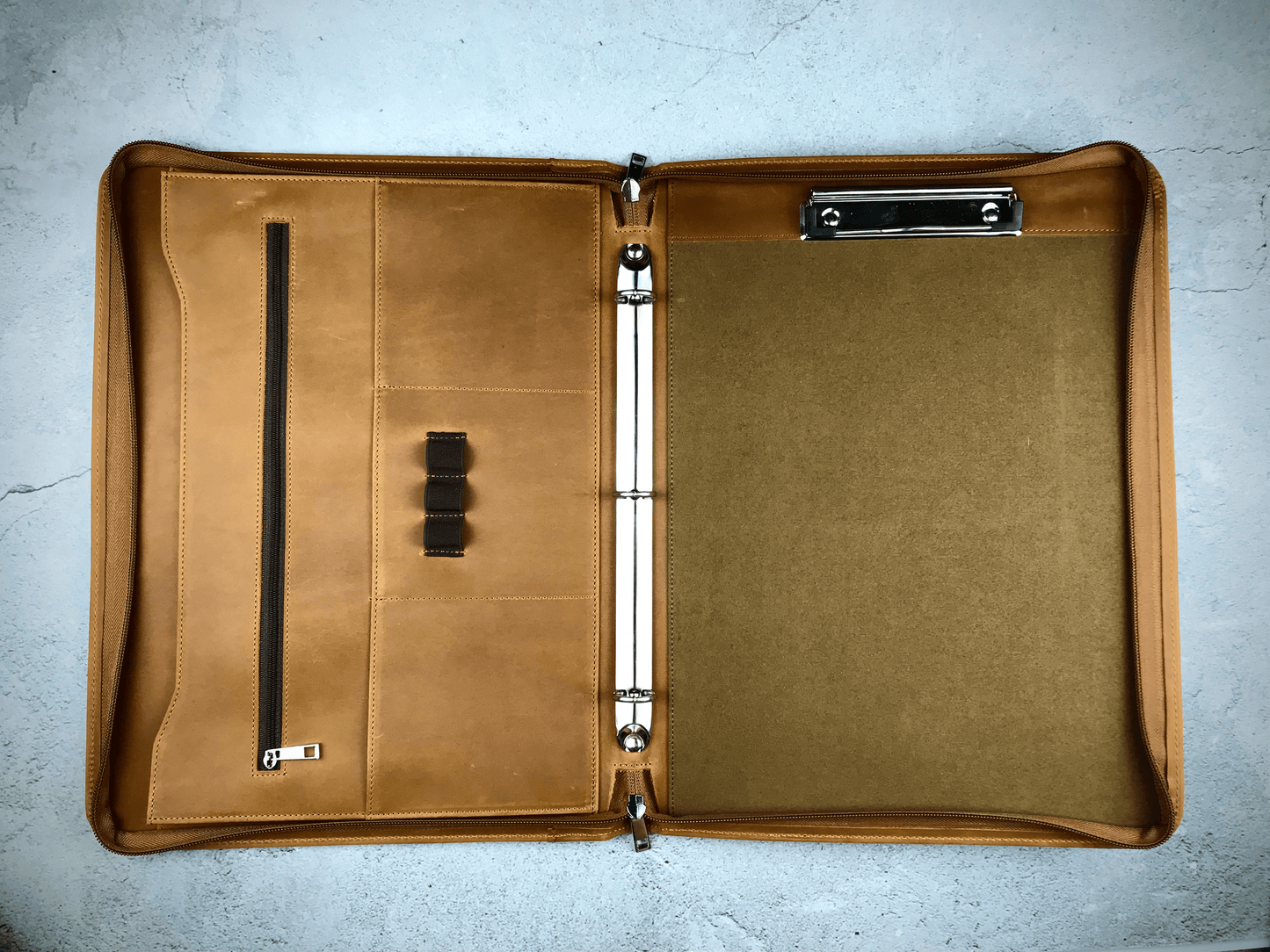 Genuine Leather Portfolio, 3 Ring Binder, Zipper Padfolio for Legal Paper/ A4 Letter Size Notepad/ MacBook 13", Business Gift (Tan)